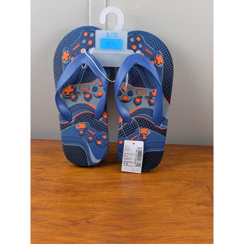 The Childrens Place Boys Blue Orange Video Game Controller Flip Flops Size 1-2